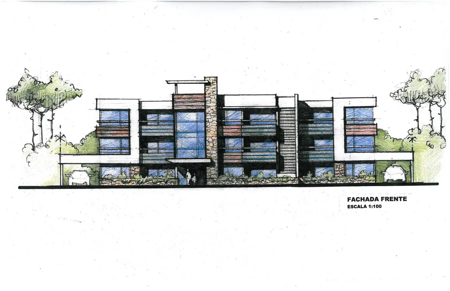 Croquis a mano alzada de la fachada frente de un edificio, escala 1:100